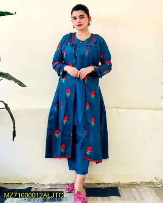 3 Pcs Women's Stitched Fancy Katan Silk Embroidered Gown